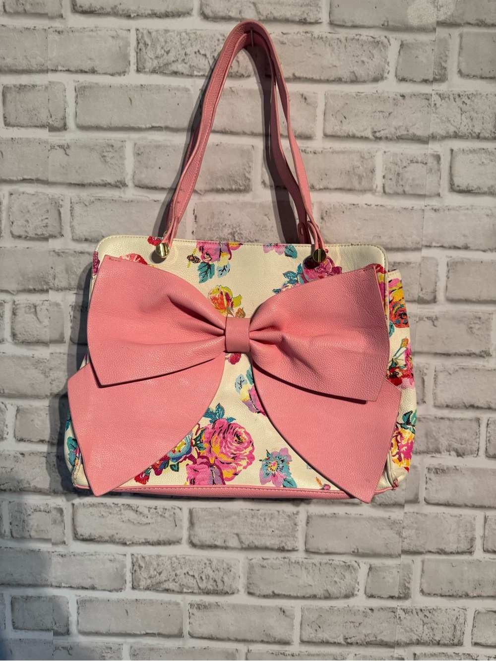 Betsey Johnson Pink Bow Floral Tote Bag Cottagecore Glam - Picture 2 of 8